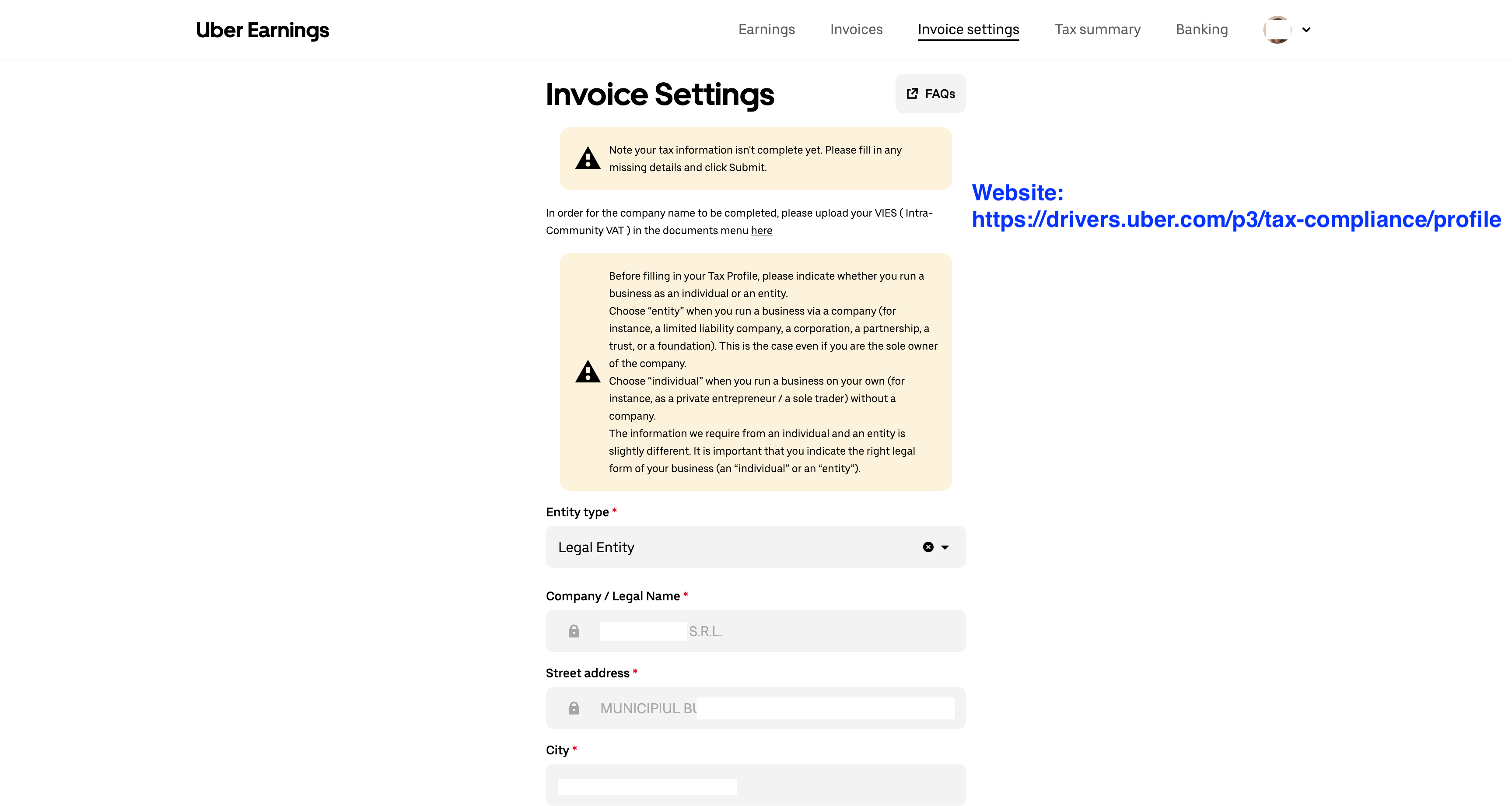 Pagina Tax Compliance Profile Uber Fleet