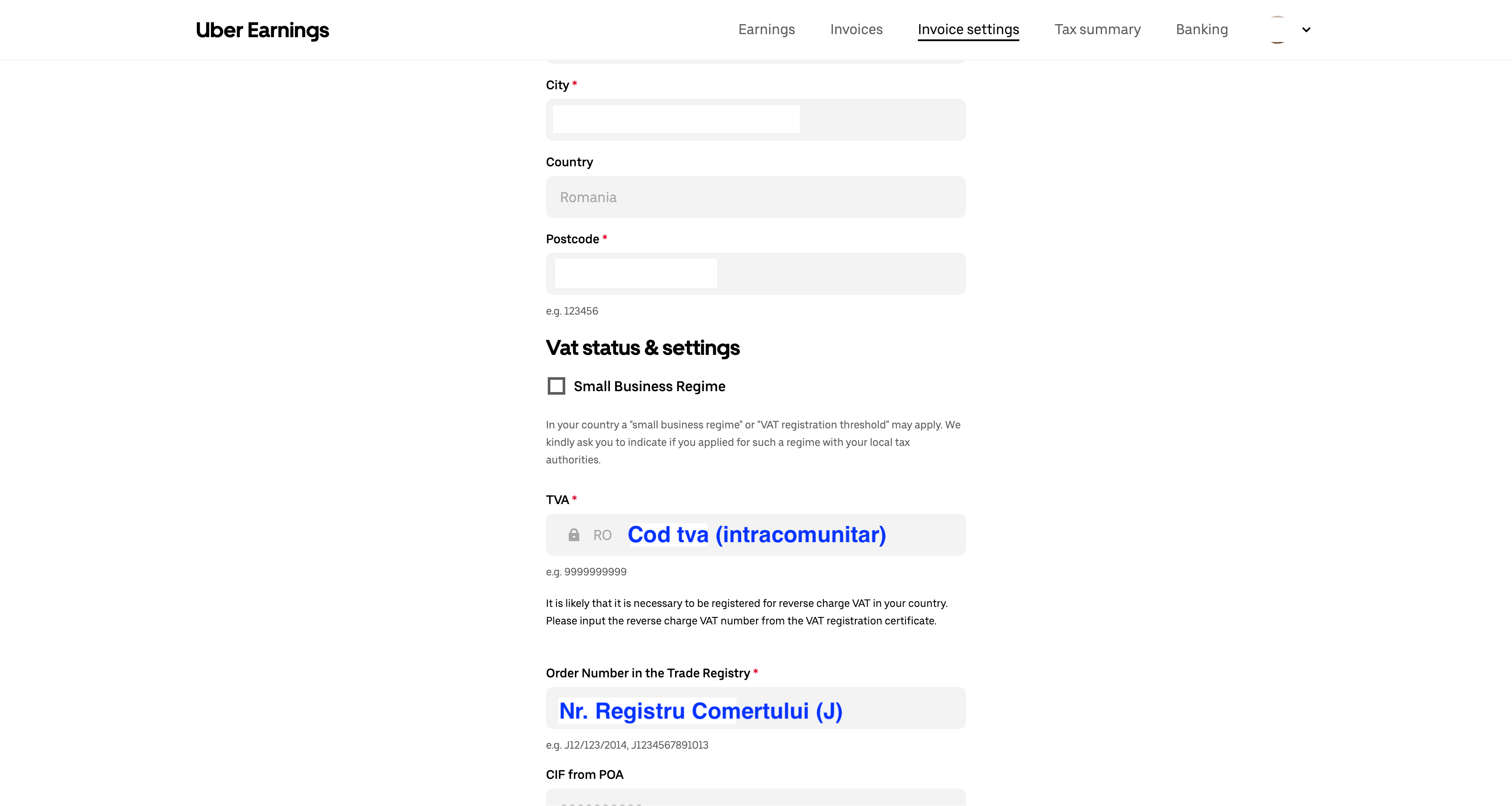 Sectiunea Status TVA si setari in Uber Fleet