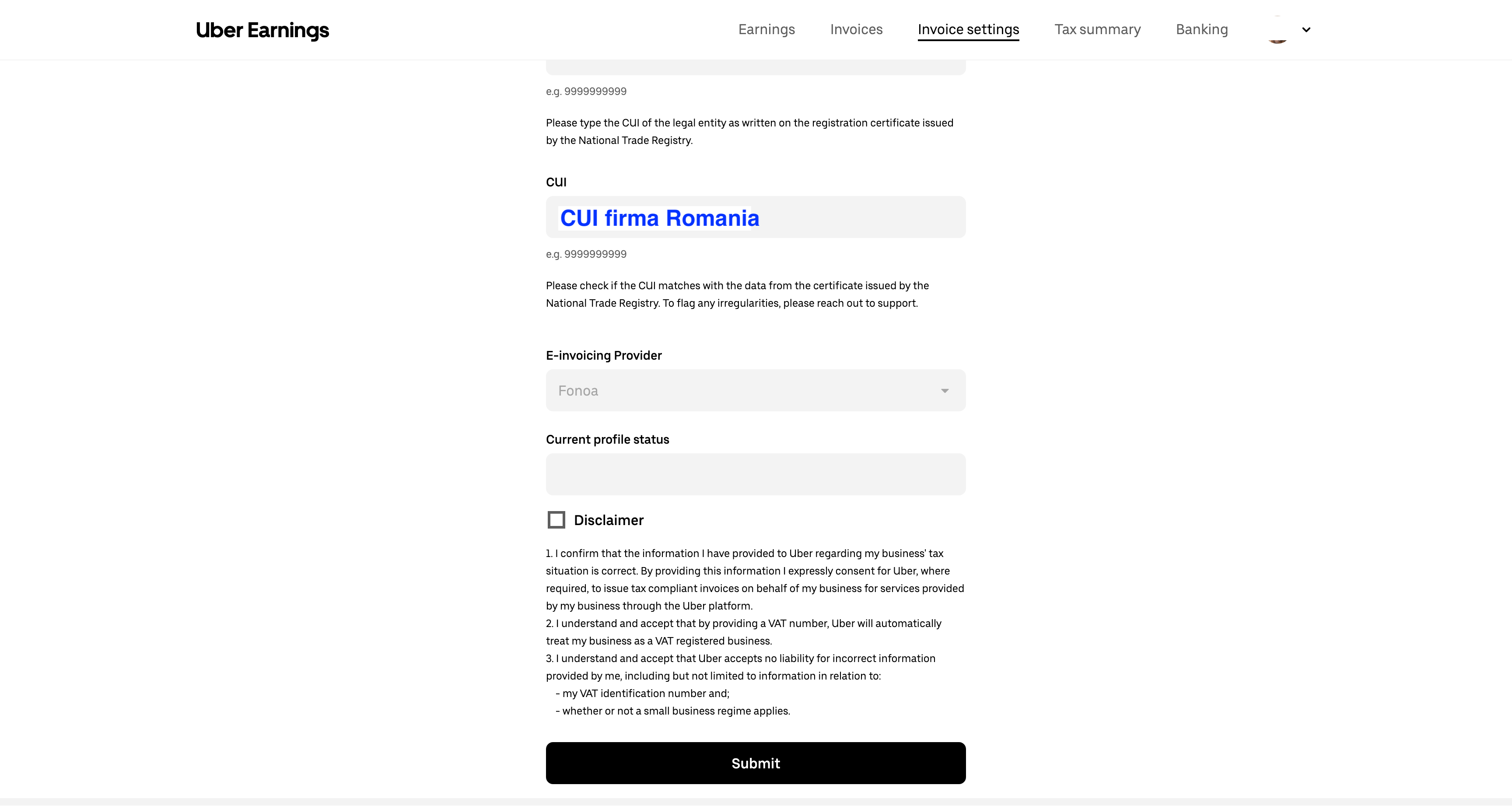 Optiunea Companie neplatitoare de TVA in Uber Fleet