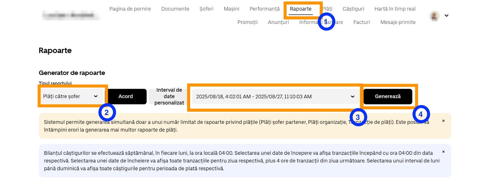 Export rapoarte castig Uber